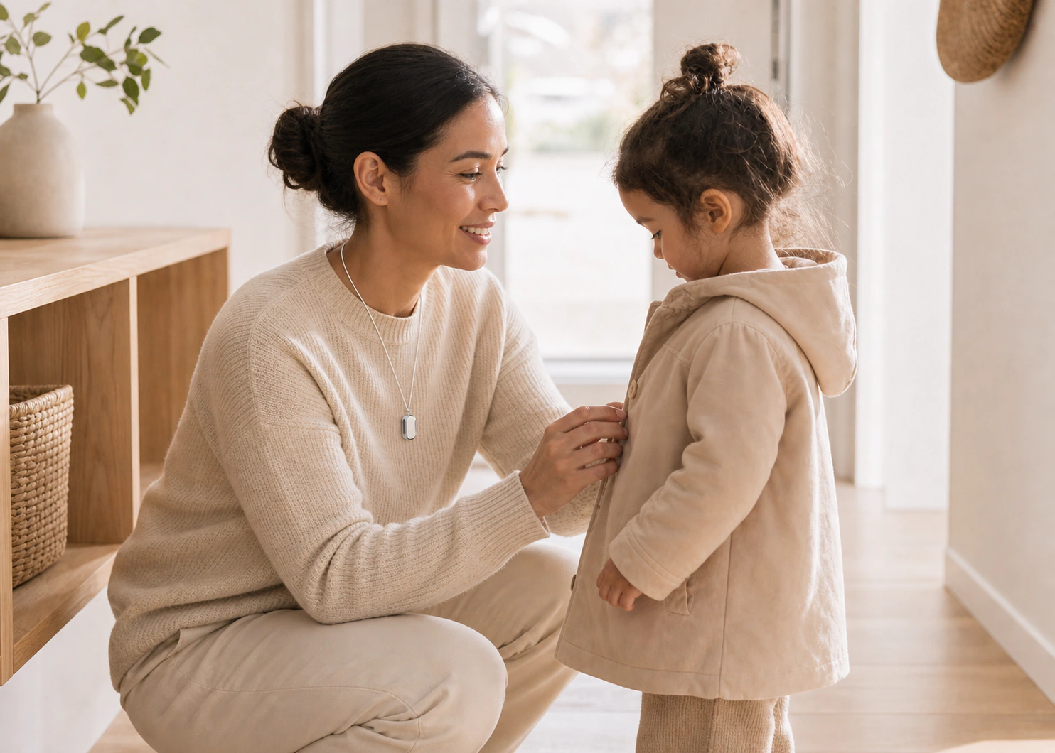 Parent wearing Presence Key at home