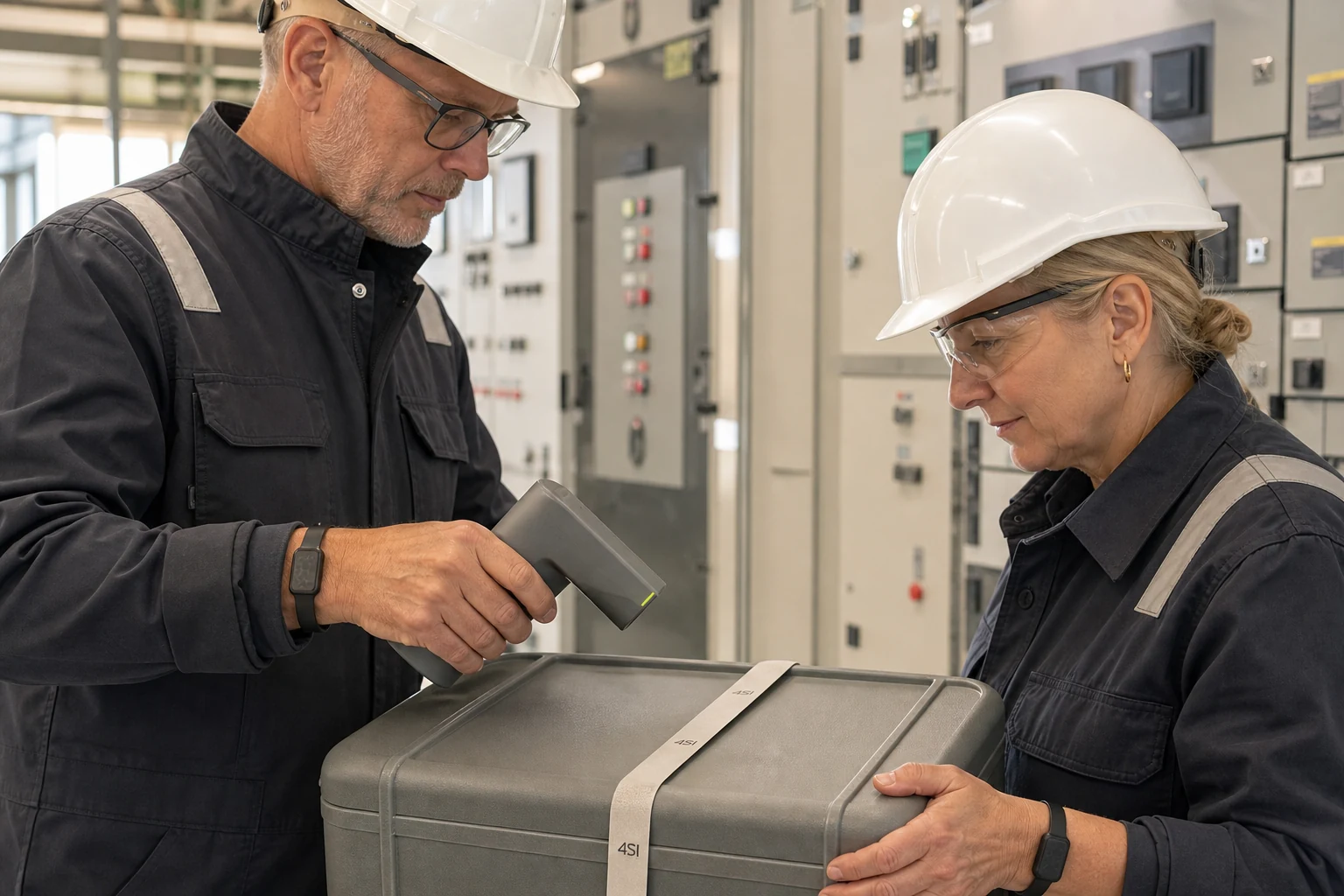 Two specialists inspect a sealed physical asset inside critical infrastructure